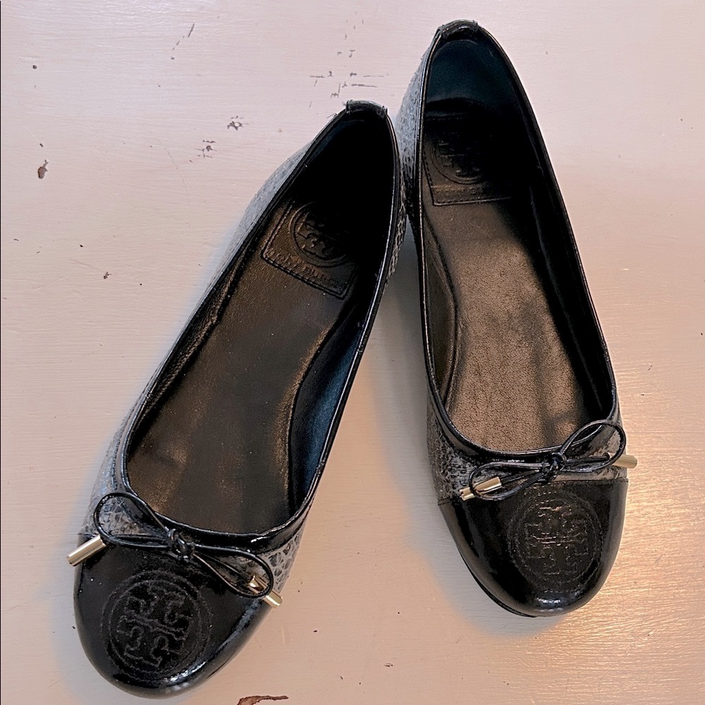 Tory Burch Brazil Black Smoke Snake Skin Cap Toe Ballet Flats Shoes Leather US 5